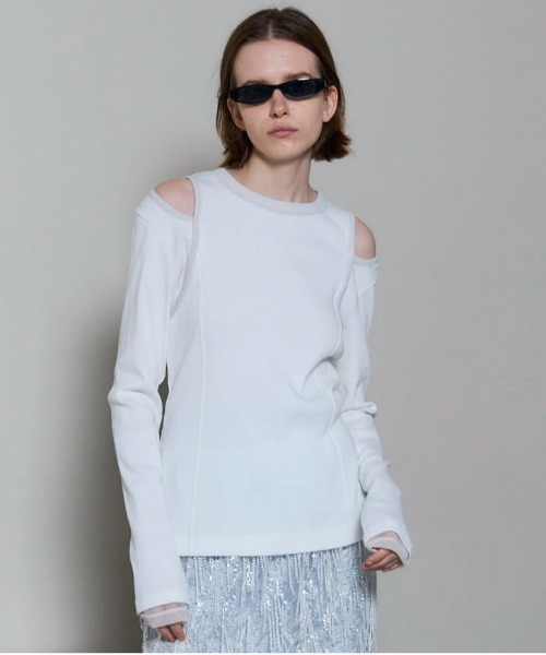 MAISON SPECIAL（メゾンスペシャル）の「Shoulder Slit Ribbed Tops/ショルダースリットリブトップス（Tシャツ/カットソー・レディース・ホワイト/ブラック/ブルー/オレンジ・FREE）」の2枚目の写真