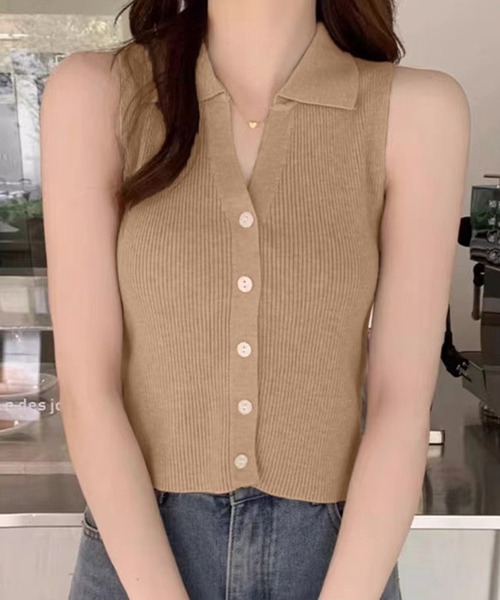 IRADOWL（アイラドール）の「襟付ノースリーブリブトップス（タンクトップ・レディース・ベージュ/アイボリー/カーキ/ブラック・FREE）」の4枚目の写真