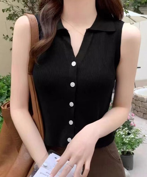 IRADOWL（アイラドール）の「襟付ノースリーブリブトップス（タンクトップ・レディース・ベージュ/アイボリー/カーキ/ブラック・FREE）」の3枚目の写真