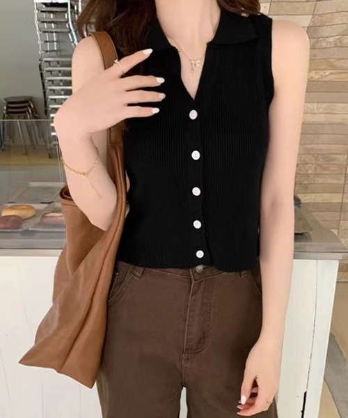 IRADOWL（アイラドール）の「襟付ノースリーブリブトップス（タンクトップ・レディース・ベージュ/アイボリー/カーキ/ブラック・FREE）」の5枚目の写真