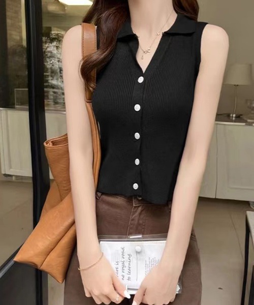 IRADOWL（アイラドール）の「襟付ノースリーブリブトップス（タンクトップ・レディース・ベージュ/アイボリー/カーキ/ブラック・FREE）」の6枚目の写真