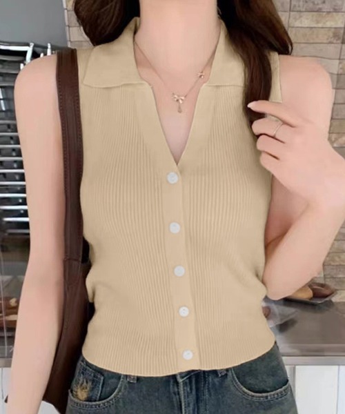 IRADOWL（アイラドール）の「襟付ノースリーブリブトップス（タンクトップ・レディース・ベージュ/アイボリー/カーキ/ブラック・FREE）」の7枚目の写真