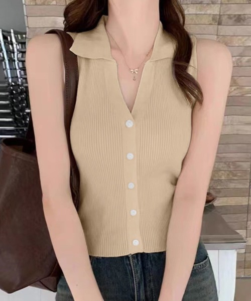 IRADOWL（アイラドール）の「襟付ノースリーブリブトップス（タンクトップ・レディース・ベージュ/アイボリー/カーキ/ブラック・FREE）」の8枚目の写真