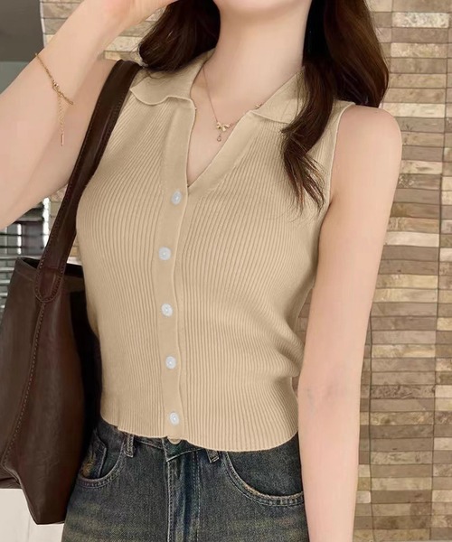 IRADOWL（アイラドール）の「襟付ノースリーブリブトップス（タンクトップ・レディース・ベージュ/アイボリー/カーキ/ブラック・FREE）」の9枚目の写真