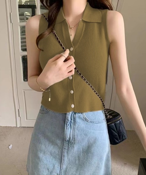 IRADOWL（アイラドール）の「襟付ノースリーブリブトップス（タンクトップ・レディース・ベージュ/アイボリー/カーキ/ブラック・FREE）」の10枚目の写真