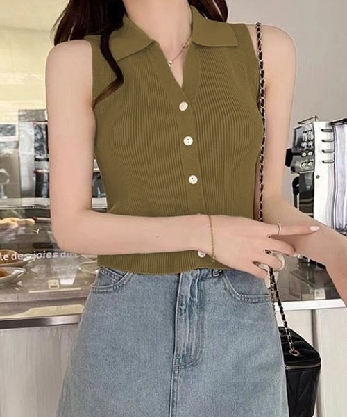 IRADOWL（アイラドール）の「襟付ノースリーブリブトップス（タンクトップ・レディース・ベージュ/アイボリー/カーキ/ブラック・FREE）」の11枚目の写真