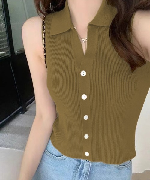 IRADOWL（アイラドール）の「襟付ノースリーブリブトップス（タンクトップ・レディース・ベージュ/アイボリー/カーキ/ブラック・FREE）」の12枚目の写真