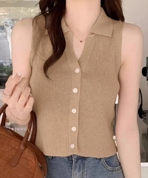 IRADOWL（アイラドール）の「襟付ノースリーブリブトップス（タンクトップ・レディース・ベージュ/アイボリー/カーキ/ブラック・FREE）」の13枚目の写真