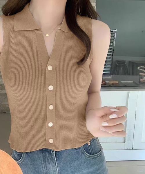 IRADOWL（アイラドール）の「襟付ノースリーブリブトップス（タンクトップ・レディース・ベージュ/アイボリー/カーキ/ブラック・FREE）」の14枚目の写真