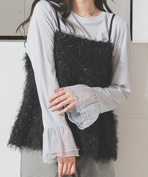 Honeys(ハニーズ)の「袖口チュール使いトップス(Tシャツ/カットソー・レディース・グレー/ブラック/ホワイト・L/LL/M/S)」の1枚目の写真