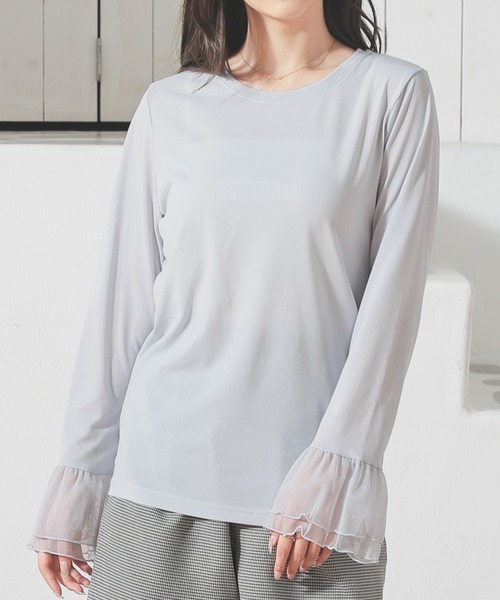 Honeys(ハニーズ)の「袖口チュール使いトップス(Tシャツ/カットソー・レディース・グレー/ブラック/ホワイト・L/LL/M/S)」の7枚目の写真