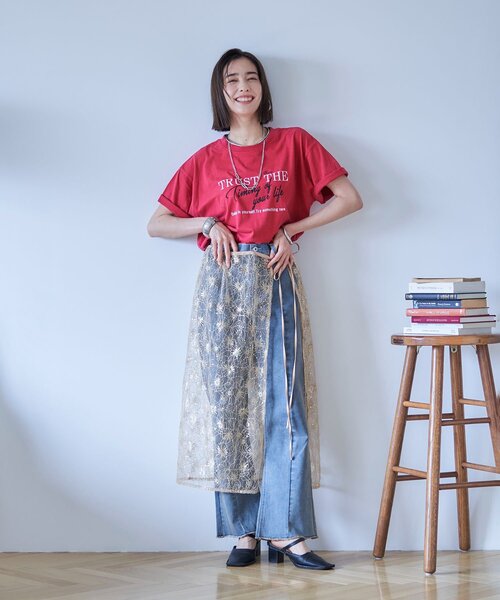 Remind me and forever(リマインドミーアンドフォーエバー)の「【nane】コーデのアクセントに、レースラップスカート(スカート・レディース・ゴールド/ブラック・FREE)」の2枚目の写真