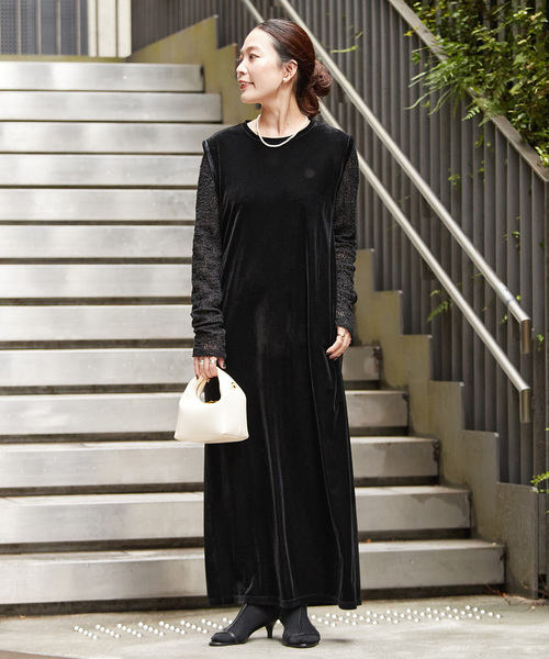 B.C STOCK（ベーセーストック）の「《追加》【WEB限定】手洗い可 / クレープベロア Iラインワンピース（ワンピース・レディース・ブラック・FREE）」の3枚目の写真