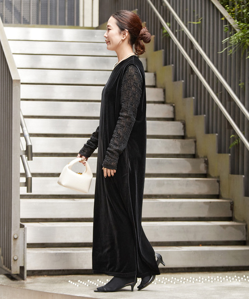 B.C STOCK（ベーセーストック）の「《追加》【WEB限定】手洗い可 / クレープベロア Iラインワンピース（ワンピース・レディース・ブラック・FREE）」の4枚目の写真