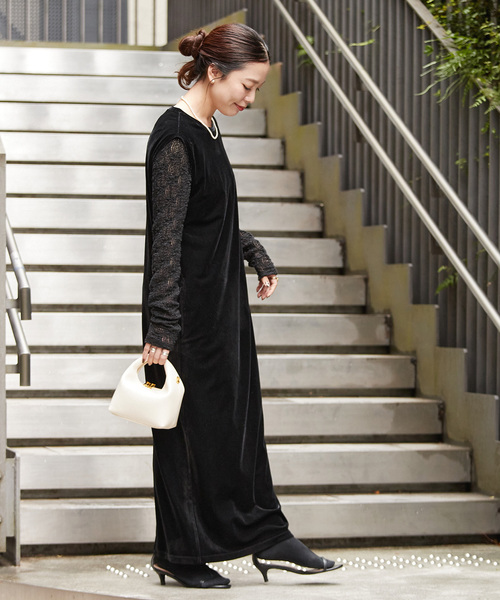 B.C STOCK（ベーセーストック）の「《追加》【WEB限定】手洗い可 / クレープベロア Iラインワンピース（ワンピース・レディース・ブラック・FREE）」の5枚目の写真