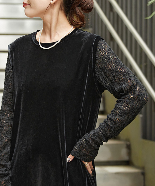 B.C STOCK（ベーセーストック）の「《追加》【WEB限定】手洗い可 / クレープベロア Iラインワンピース（ワンピース・レディース・ブラック・FREE）」の7枚目の写真