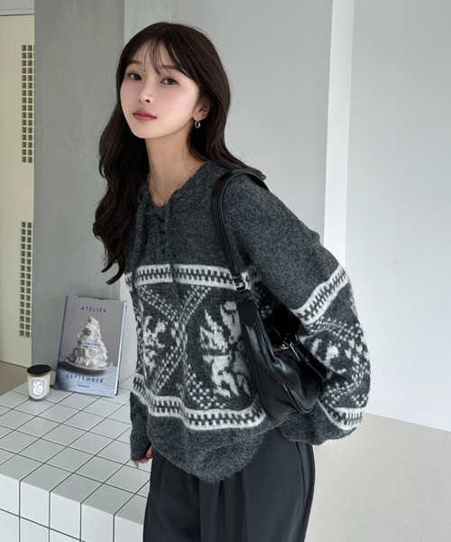 セール】26AW（秋冬）フード付き ノルディック プルオーバーニット