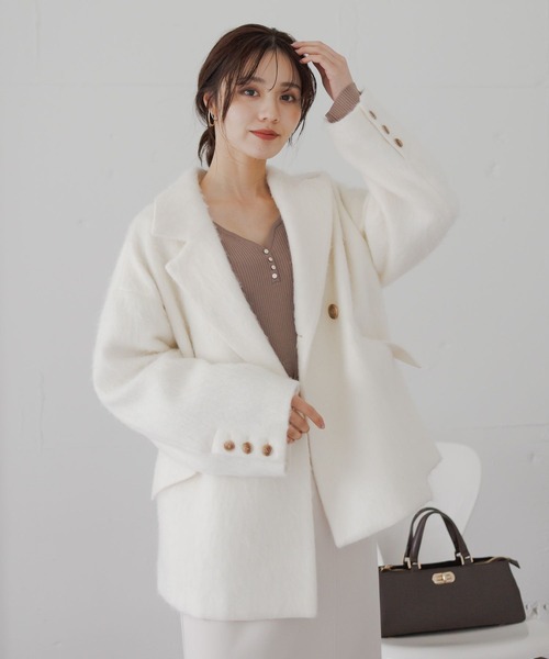 Andemiu(アンデミュウ)の「アルパカシャギーハーフコート493957(ピーコート・レディース・オフホワイト/ブラウン/チェック/ブラウン系その他4/ブラック系1・FREE)」の2枚目の写真