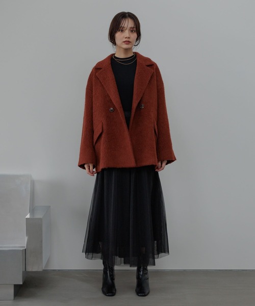 Andemiu(アンデミュウ)の「アルパカシャギーハーフコート493957(ピーコート・レディース・オフホワイト/ブラウン/チェック/ブラウン系その他4/ブラック系1・FREE)」の8枚目の写真