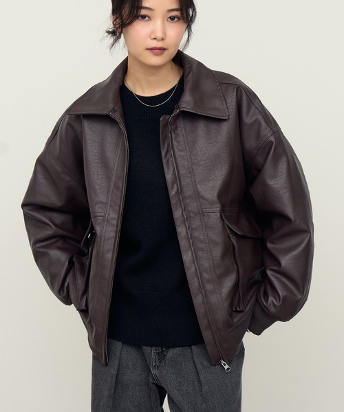 NOGLE(ノグル)の「【NOGLE/ノグル】2WAY襟ファーフェイクレザーブルゾン(ミリタリージャケット・レディース・ブラウン/ダークブラウン/ブラック・FREE)」の12枚目の写真