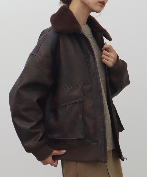 セール】【NOGLE/ノグル】2WAY襟ファーフェイクレザーブルゾン