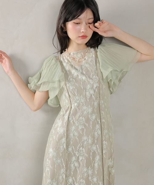 エアリースリーブ 刺繍 レース Aライン ワンピース ドレス パーティー