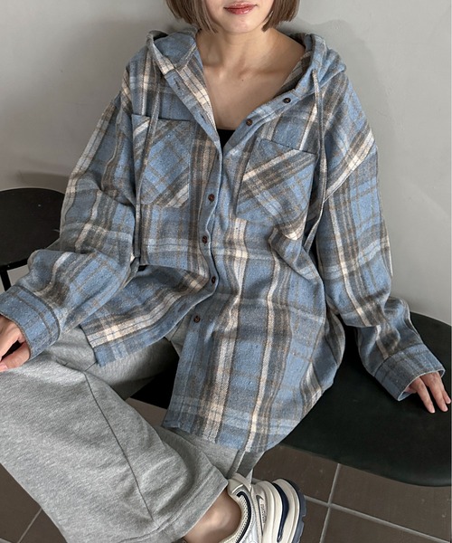 PILIT(ピリット)の「フードチェックネルシャツ(シャツ/ブラウス・レディース・ブラウン/ブルー/ブラック・MEDIUM)」の15枚目の写真
