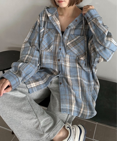 PILIT(ピリット)の「フードチェックネルシャツ(シャツ/ブラウス・レディース・ブラウン/ブルー/ブラック・MEDIUM)」の16枚目の写真