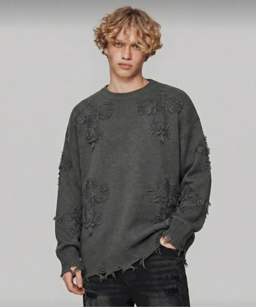 セール】【IZU】 クラッシュクロスダメージニット／オーバーサイズ