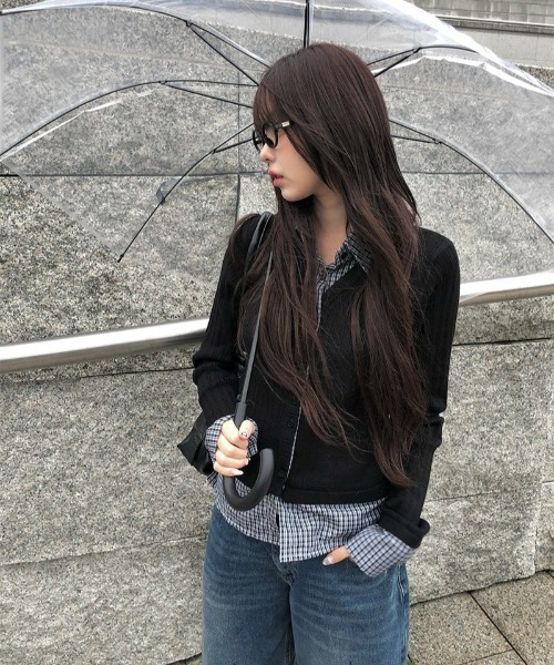 anyonemore（エニワンモア）の「チェック柄シャツレイヤードニットリブカーディガン（カーディガン/ボレロ・レディース・ブラック・FREE）」の10枚目の写真