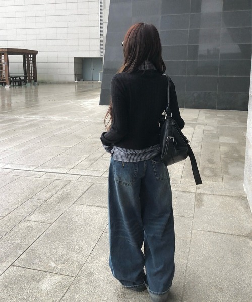 anyonemore（エニワンモア）の「チェック柄シャツレイヤードニットリブカーディガン（カーディガン/ボレロ・レディース・ブラック・FREE）」の9枚目の写真