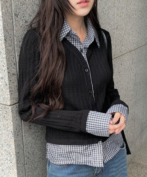 anyonemore（エニワンモア）の「チェック柄シャツレイヤードニットリブカーディガン（カーディガン/ボレロ・レディース・ブラック・FREE）」の5枚目の写真