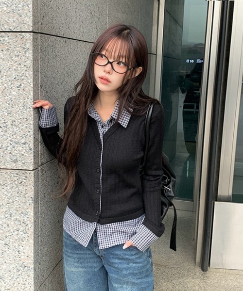 anyonemore（エニワンモア）の「チェック柄シャツレイヤードニットリブカーディガン（カーディガン/ボレロ・レディース・ブラック・FREE）」の4枚目の写真