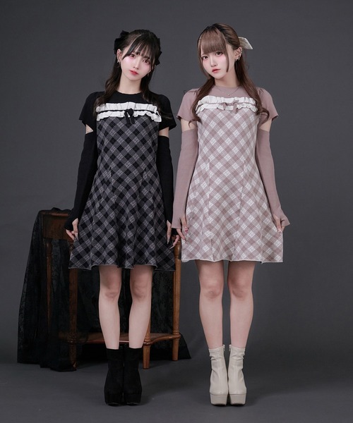 Pal elfy フリルチェックニットワンピース セール】フリルチェックニットワンピース（ワンピース）｜Pal elfy