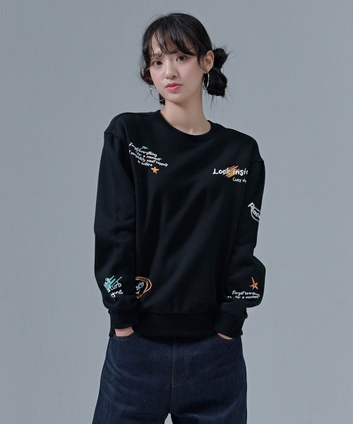 CHASECULT(チェイスカルト)の「共用ドローイング裏起毛スウェットTシャツ-CFRU5125D03(スウェット・レディース・ブラック・90/95/100/105)」の1枚目の写真