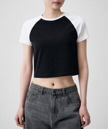 ウィメンズスリムクロップラグランTシャツ[ブラック/ホワイト]