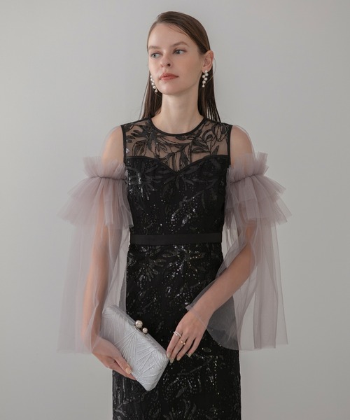 LEJA】フラワーチュールフリルスリーブIラインワンピースドレス美脚