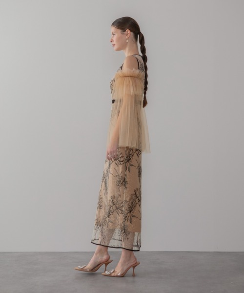 フラワーチュールフリルスリーブIラインワンピースドレス結婚式二次会パーティー LEJA】フラワーチュールフリルスリーブIラインワンピースドレス美脚