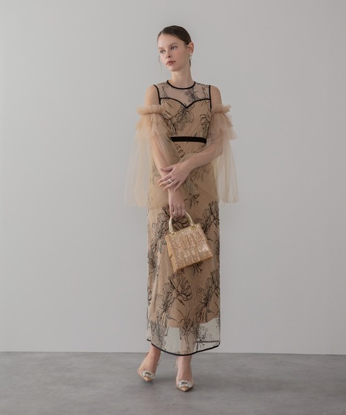 Leja(レジャ)の「【LEJA】フラワーチュールフリルスリーブIラインワンピースドレス美脚効果結婚式 パーティードレス 成人式 二次会 同窓会 お呼ばれ オケージョン 20代 30代(ドレス・レディース・ベージュ/ブラック・SMALL/MEDIUM)」の5枚目の写真