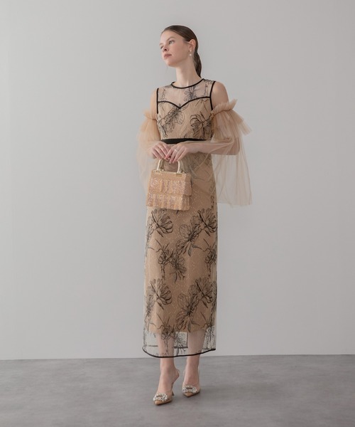 Leja(レジャ)の「【LEJA】フラワーチュールフリルスリーブIラインワンピースドレス美脚効果結婚式 パーティードレス 成人式 二次会 同窓会 お呼ばれ オケージョン 20代 30代(ドレス・レディース・ベージュ/ブラック・SMALL/MEDIUM)」の9枚目の写真
