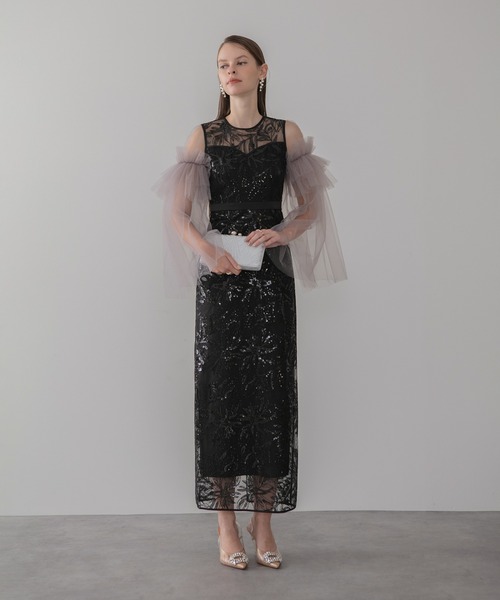 Leja(レジャ)の「【LEJA】フラワーチュールフリルスリーブIラインワンピースドレス美脚効果結婚式 パーティードレス 成人式 二次会 同窓会 お呼ばれ オケージョン 20代 30代(ドレス・レディース・ベージュ/ブラック・SMALL/MEDIUM)」の4枚目の写真
