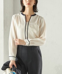 〈手洗い可能〉配色 パイピング キーネック 長袖ブラウス