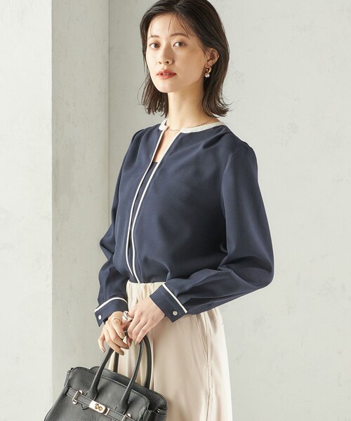 手洗い可能〉配色 パイピング キーネック 長袖ブラウス（シャツ