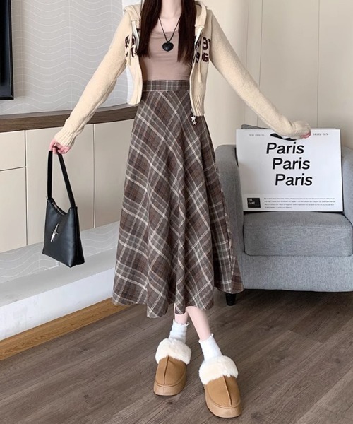 SallyLunn（サリーラン）の「ミモレ丈チェックスカート（スカート・レディース・ネイビー/ブラウン・LARGE/MEDIUM）」の17枚目の写真