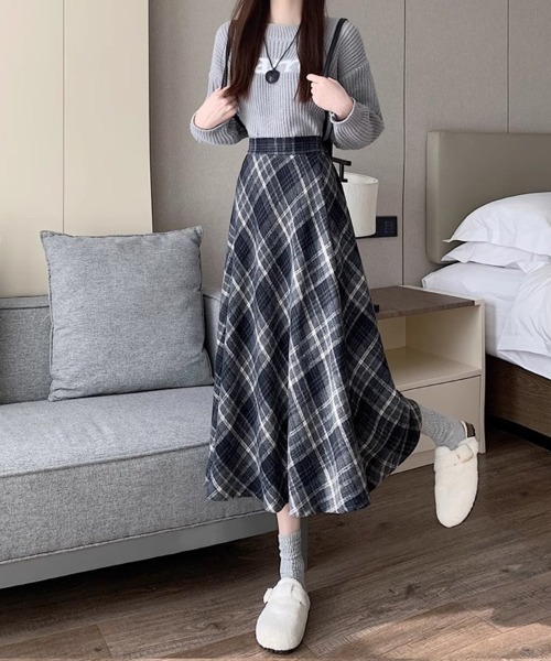 SallyLunn（サリーラン）の「ミモレ丈チェックスカート（スカート・レディース・ネイビー/ブラウン・LARGE/MEDIUM）」の3枚目の写真