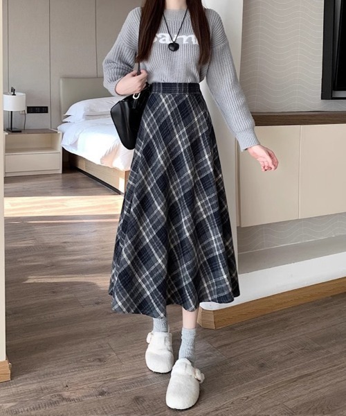 SallyLunn（サリーラン）の「ミモレ丈チェックスカート（スカート・レディース・ネイビー/ブラウン・LARGE/MEDIUM）」の7枚目の写真