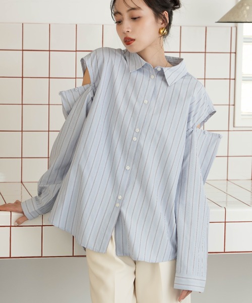 hinari（ヒナリ）の「マルチWAYストライプシャツ（シャツ/ブラウス・レディース・クリーム/サックスブルー・FREE）」の2枚目の写真