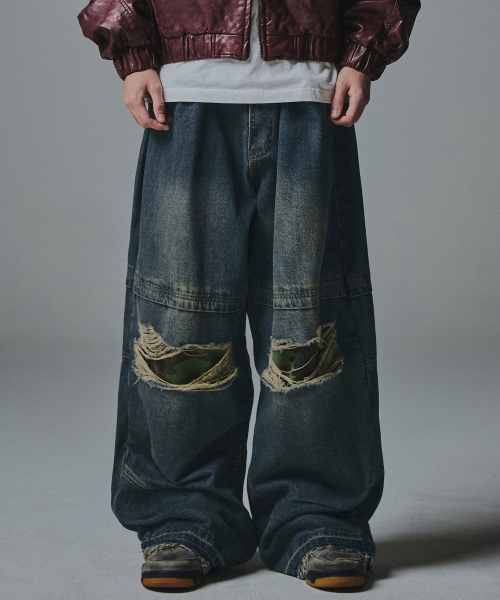 NOT4NERD(ノットフォーナード)の「Camo Patch Work Layered Denim Pants - Deep Blue(デニムパンツ・レディース・その他・LARGE/X-LARGE)」の1枚目の写真