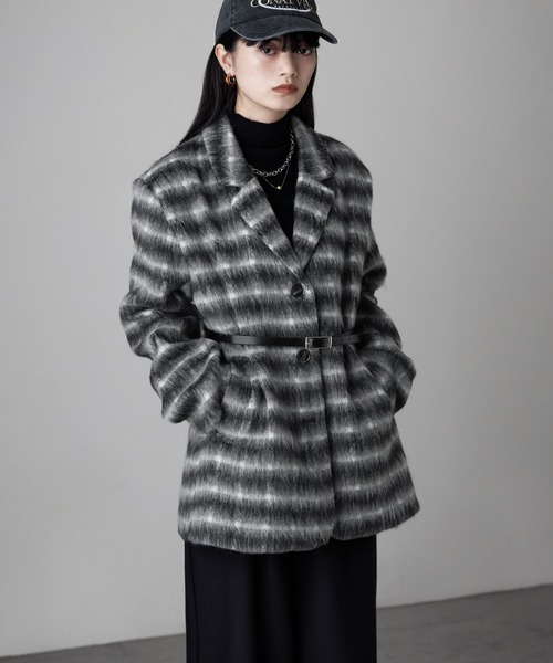 セール】チェックシャギーウエストマークテーラードジャケット