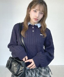 AS KNOW AS plus | ○ブランドロゴプレート付き ケーブルポロニットプルオーバー(ポロシャツ)